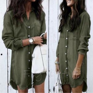 New Boho Freyed Hem Button Up Olive Denim Dress